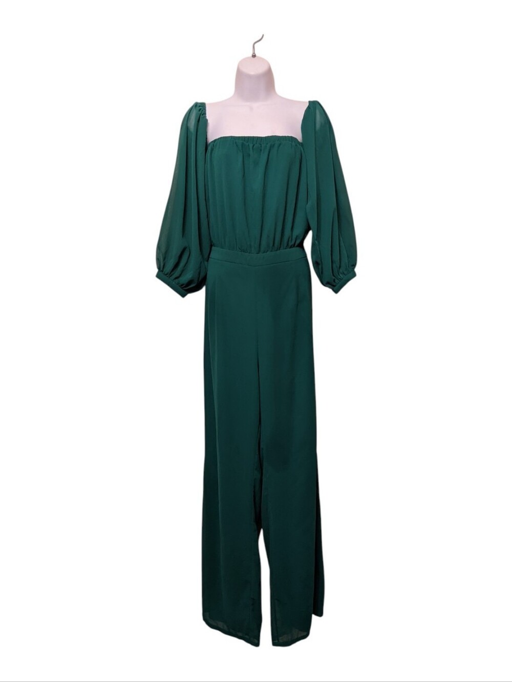 NWT Fashion Nova Hunter Green Jumpsuit Sheer Lined Peasant Wide Leg Flowy Sz XL